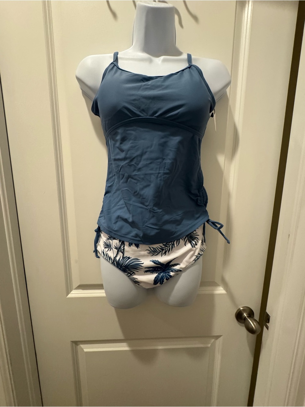 Girls Blue One-Piece Tankini with Palm-Print Bottom